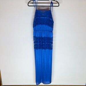 Vintage Ellen B Blue Maxi Slip Dress with Lace Detail and tie straps size Large